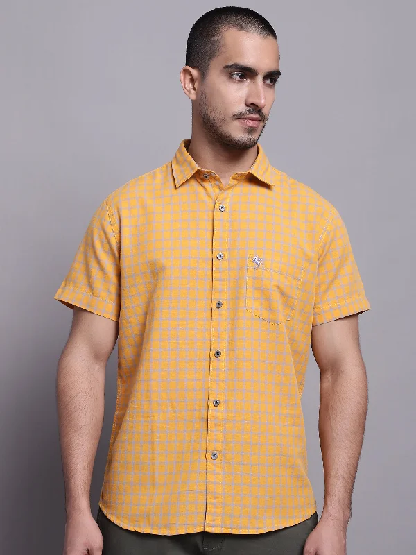 Men's Mustard Casual Medium Checks Half Sleeve Shirt Youthful Men's Anime