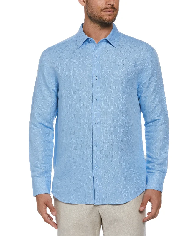 Linen Blend Plaid Dobby Shirt Casual Men's Short