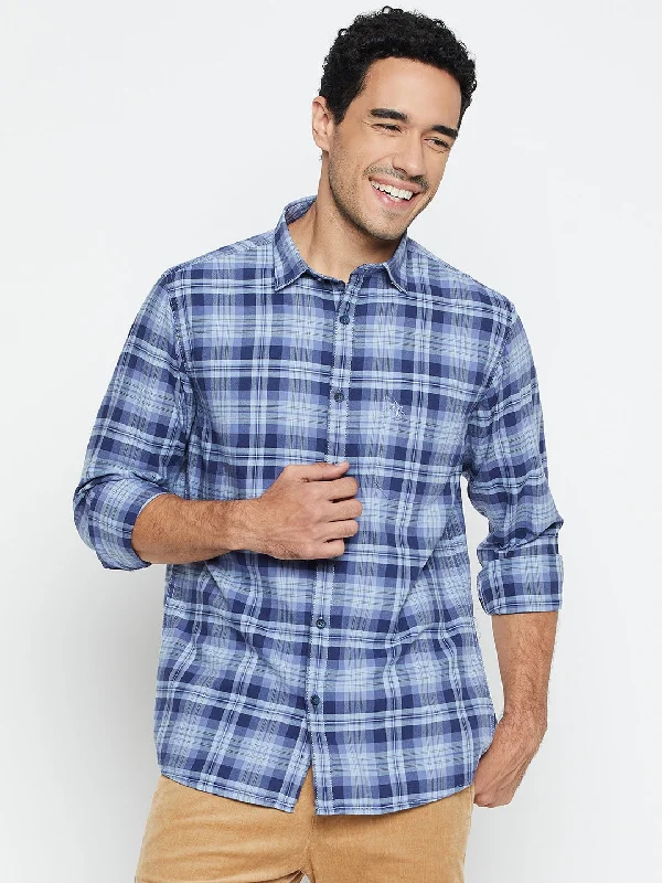 Men's Blue Casual Big Checks Full Sleeve Shirt Traditional Men's Country