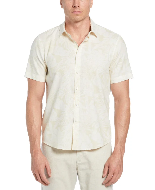 Linen Blend Tonal Multi Leaf Print Shirt British Gentleman Style