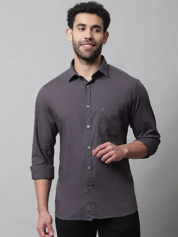 Men's Dark Grey Casual Plain Stretch Full Sleeve Shirt Sophisticated Men's French