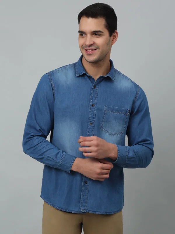 Men's Mid Blue Casual Denim Full Sleeve Shirt Minimalist Men's Casual 