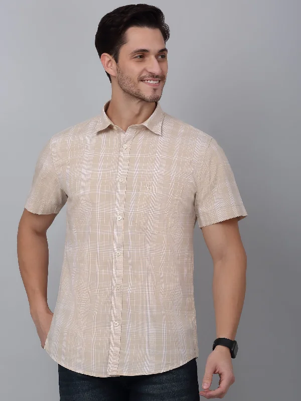 Men's Beige Casual Big Checks Half sleeve Shirt Refined Men's Hand
