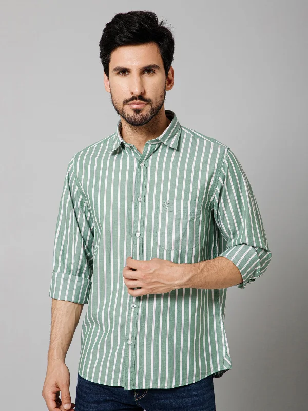 Men's Light Green Casual Narrow Stripe Full Sleeve Shirt Hip Men's Retro