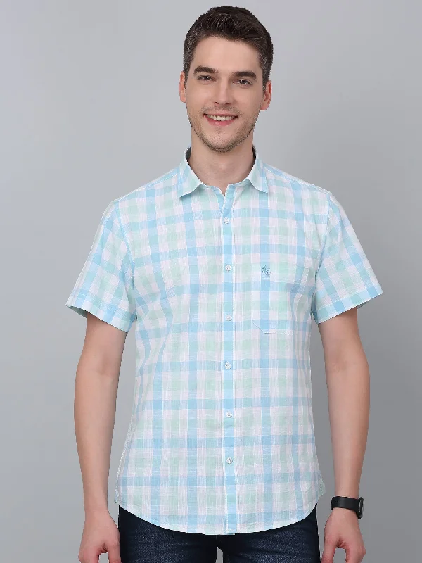Men's Light Green Casual Medium Checks Half sleeve Shirt Unique Men's Upcycled