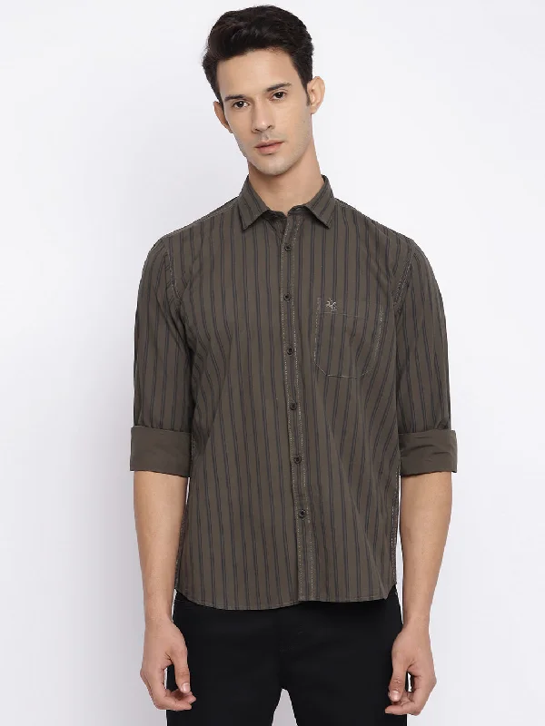 Men's Olive Green Casual Narrow Stripe Full Sleeve Shirt Vintage Men's 1970S Disco