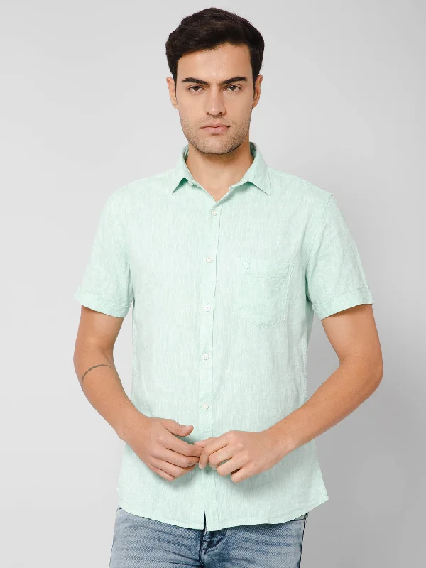 Men's Light Green Casual Plain Half Sleeve Shirt Polished Men's Satin