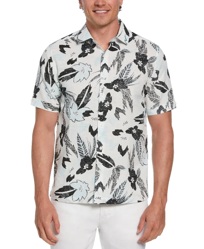 Linen Blend Abstract Floral Print Shirt Elegant Men's Cashmere