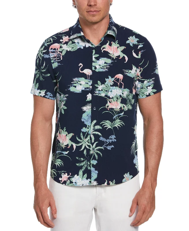 Tropical Flamingo Print Shirt Polished Men's Silk