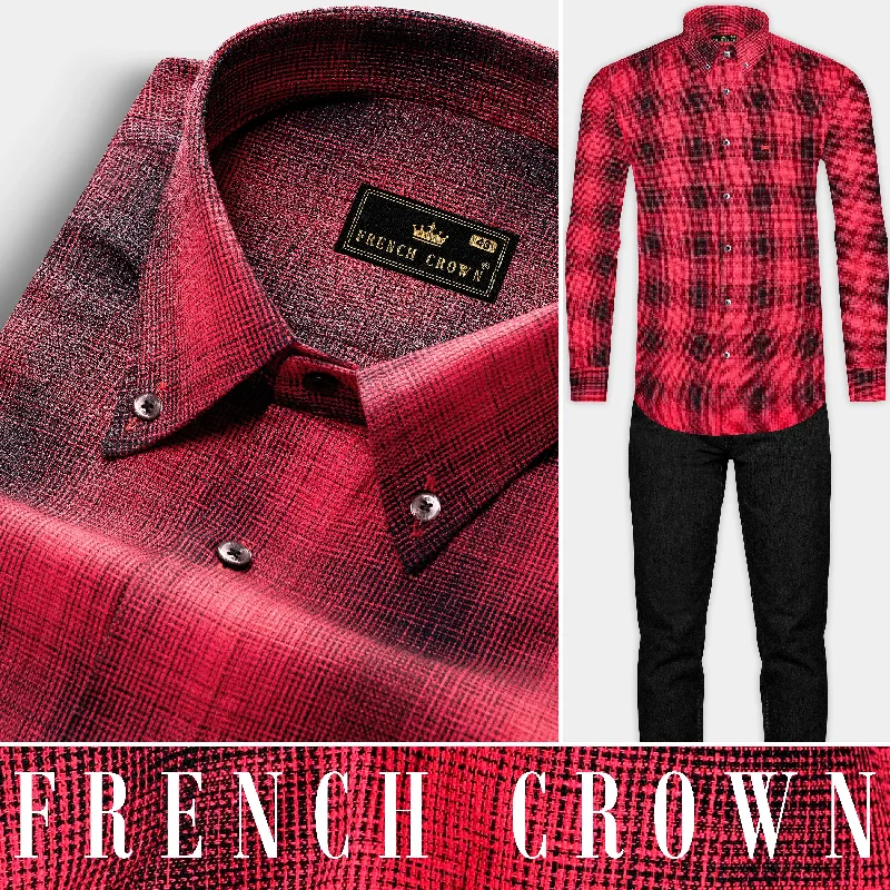 Pale Carmine Red and Jade Black Plaid Dobby Textured Premium Giza Cotton Shirt Casual Men's Short