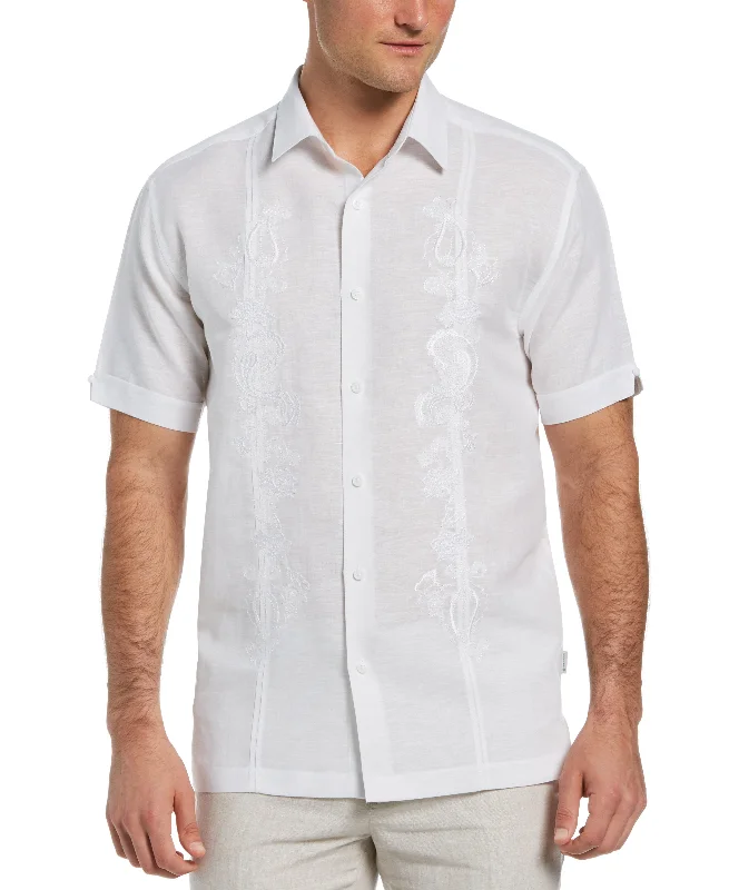 Big & Tall Paisley Embroidered Panel Linen-Blend Shirt Casual Men's Loose
