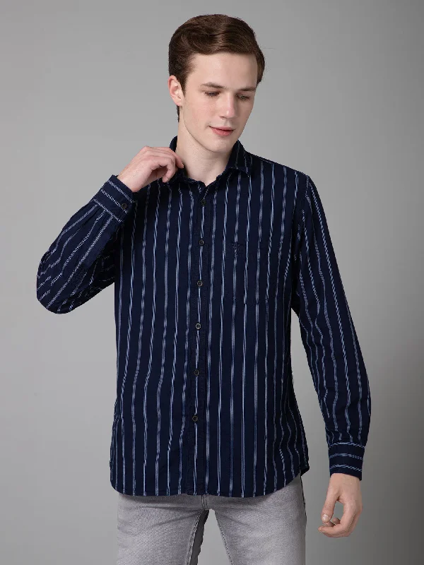 Men's Denim Blue Casual Narrow Stripe Full Sleeve Shirt Bold Men's Animal