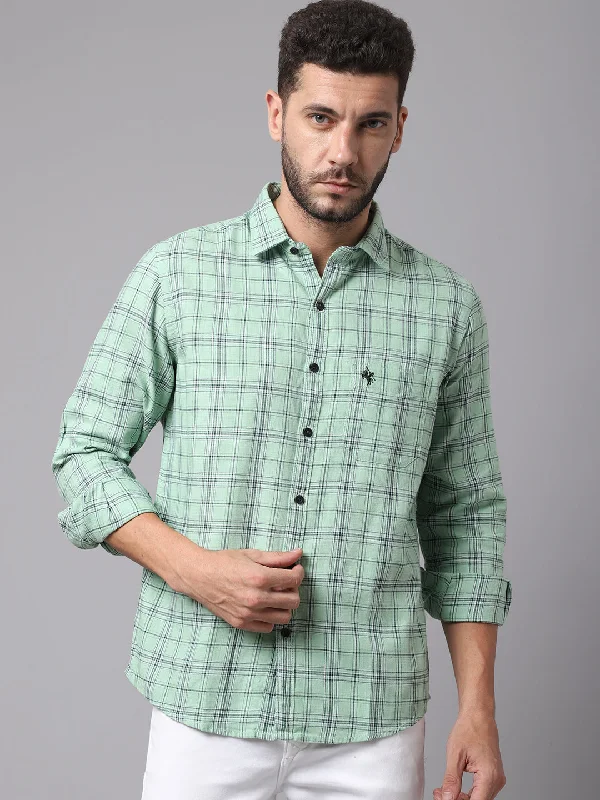 Men's Light Green Casual Medium Checks Full Sleeve Shirt Dapper Men's Bow