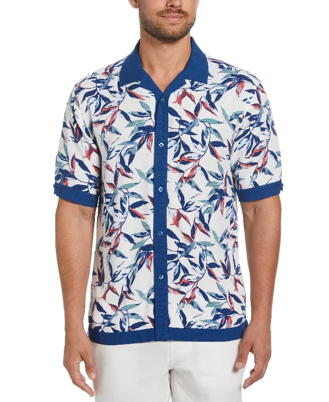 Watercolor Leaf Print Textured Shirt Athletic Men's High