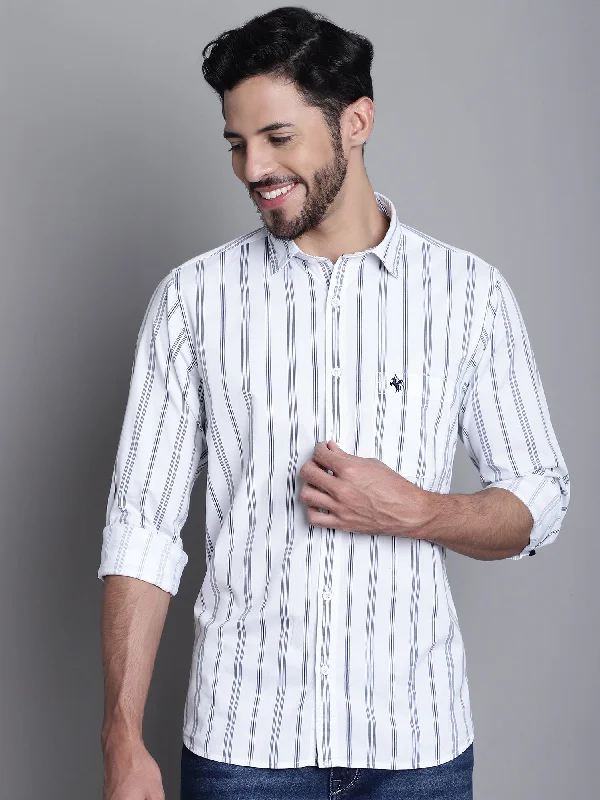 Men's White Casual Stripe Print Full Sleeve Shirt Sophisticated Men's 