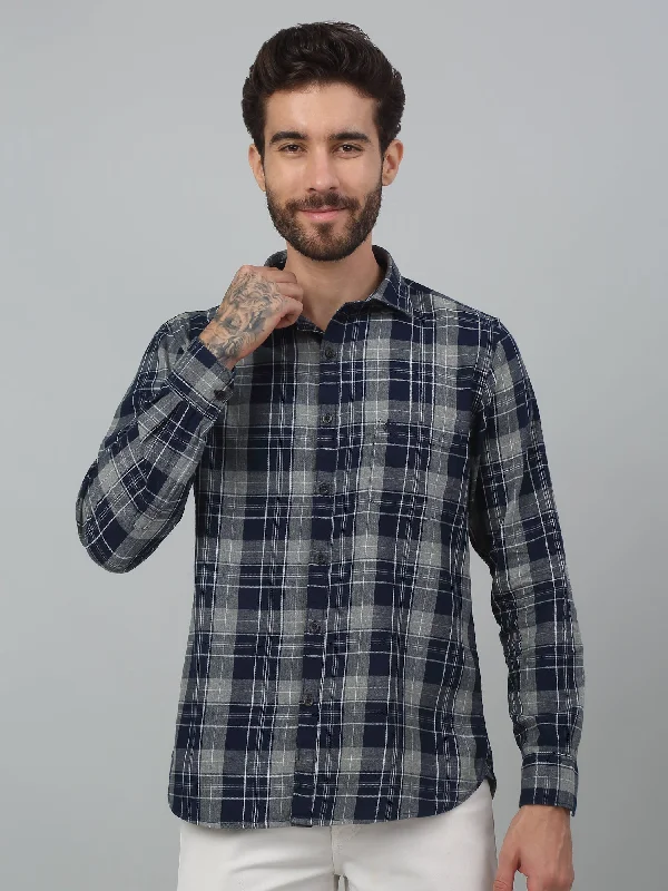 Men's Navy Blue Casual Big Checks Full Sleeve Shirt Unique Men's Upcycled
