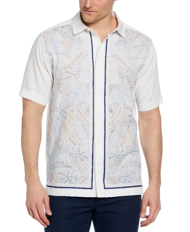 Linen-Blend L-Shape Leaf Print Shirt Traditional Men's Wool