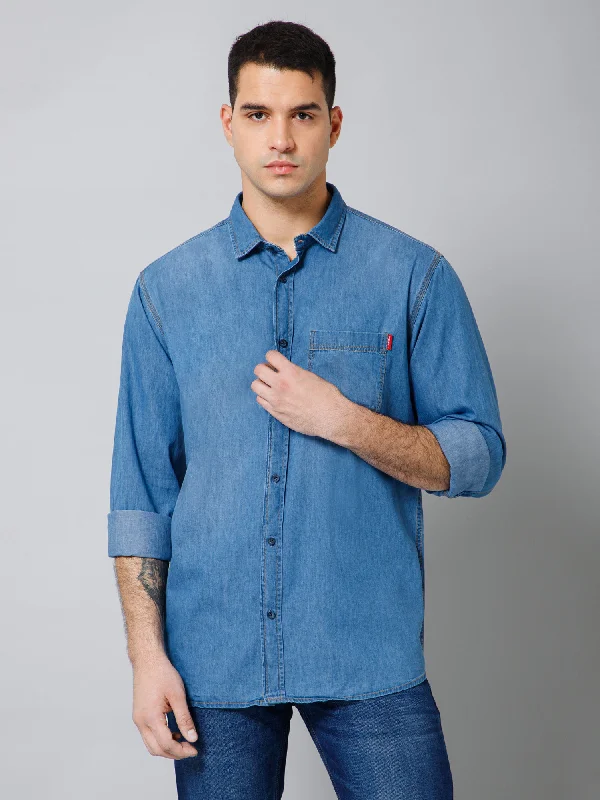 Men's Denim Blue Casual Plain Full Sleeve Shirt Elegant Men's Formal 