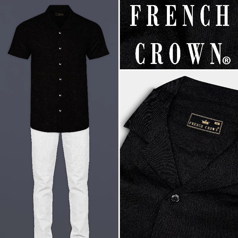 Jade Black Cuban Collar Luxurious Linen Shirt Sleek Men's Contemporary 