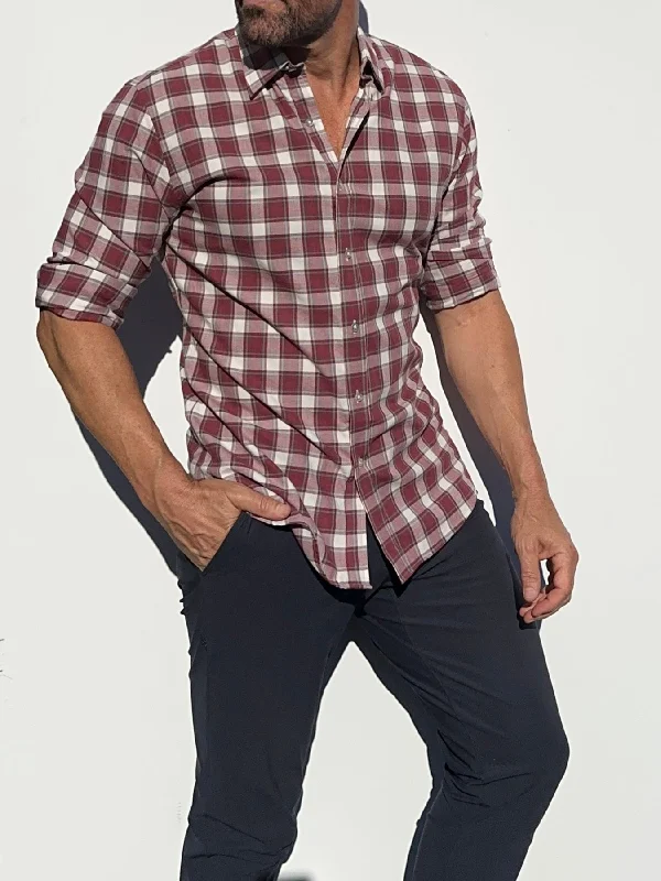 No-Pocket Plaid Flannel in Bordeaux- Small Batch #564 Tailored