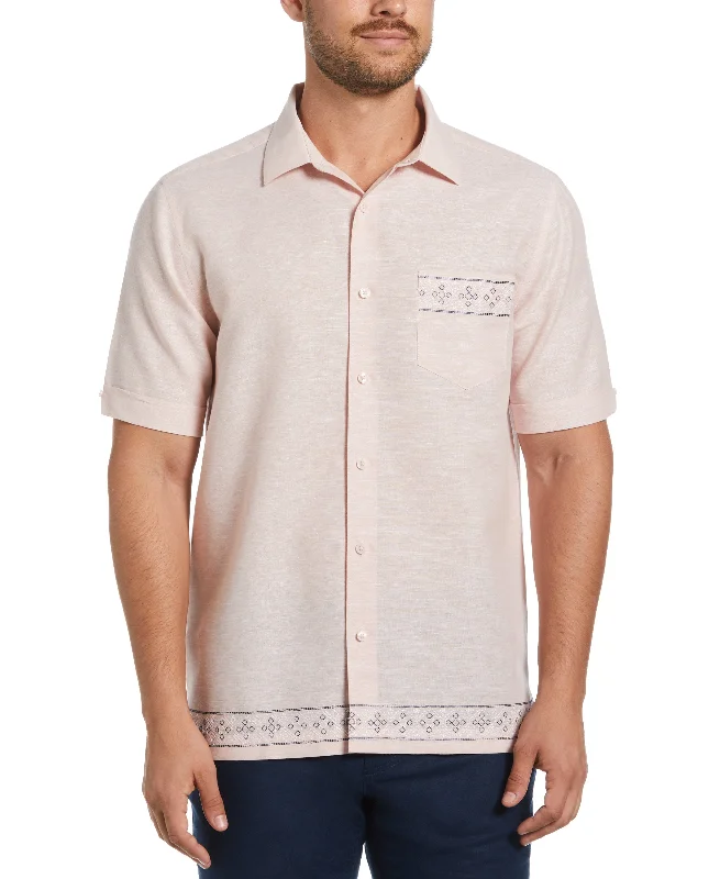Linen Blend Embroidered Border Shirt Trendy Men's Bucket