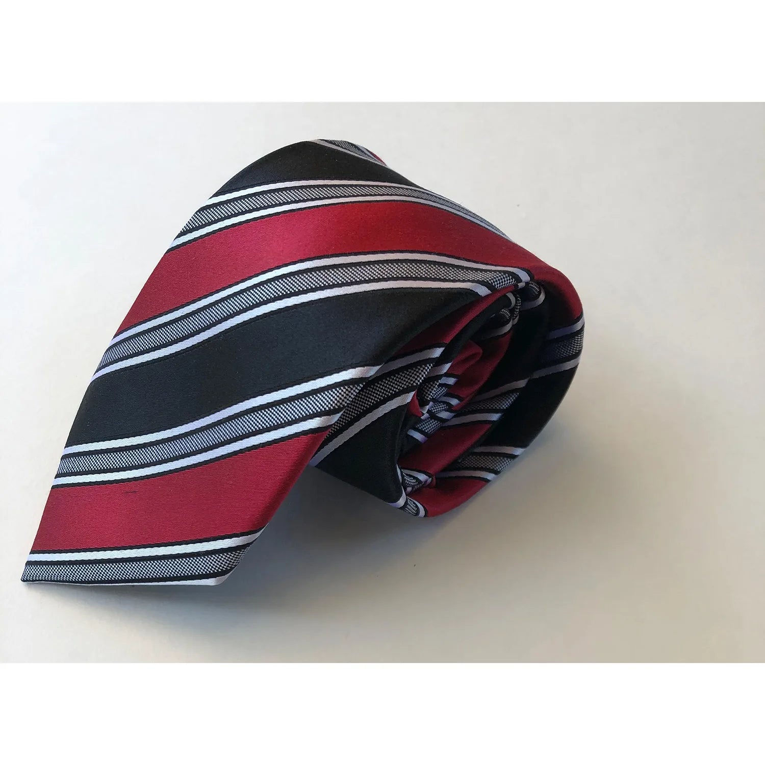 The Shirt Shop Tie - Black with Crimson/Silver/White Stripes Unique Men's Patch