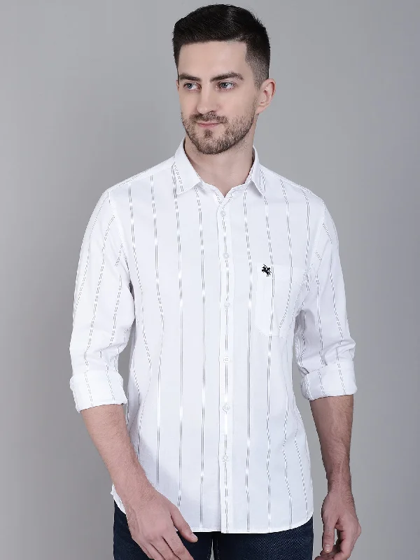 Men's White Casual Narrow Stripe Full Sleeve Shirt Tough Men's Tactical