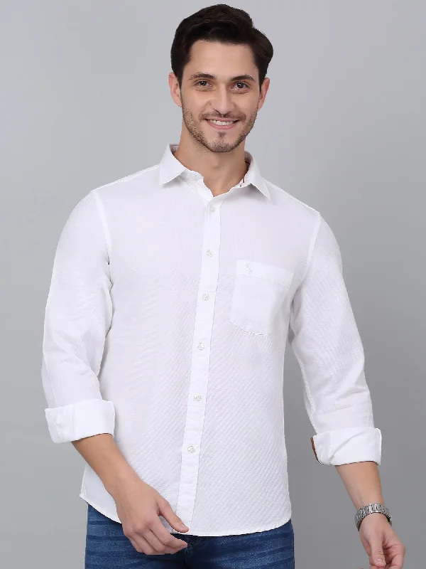 Men's White Casual Self Textured Full Sleeve Shirt Confident Men's Power