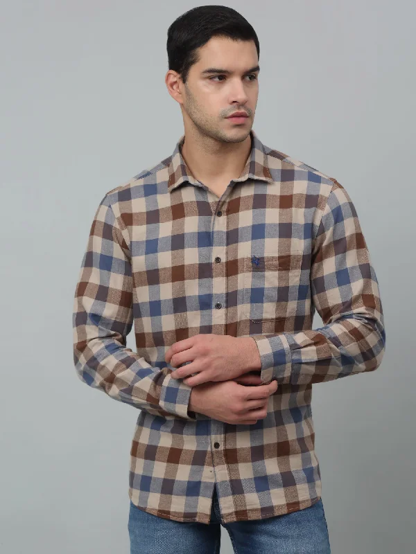 Men's Beige Casual Brushed Medium Checks Full Sleeve Shirt Unique Men's Upcycled