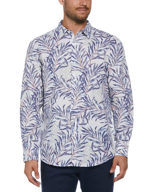 Linen Blend Geo Leaf Print Shirt Bold Men's Statement