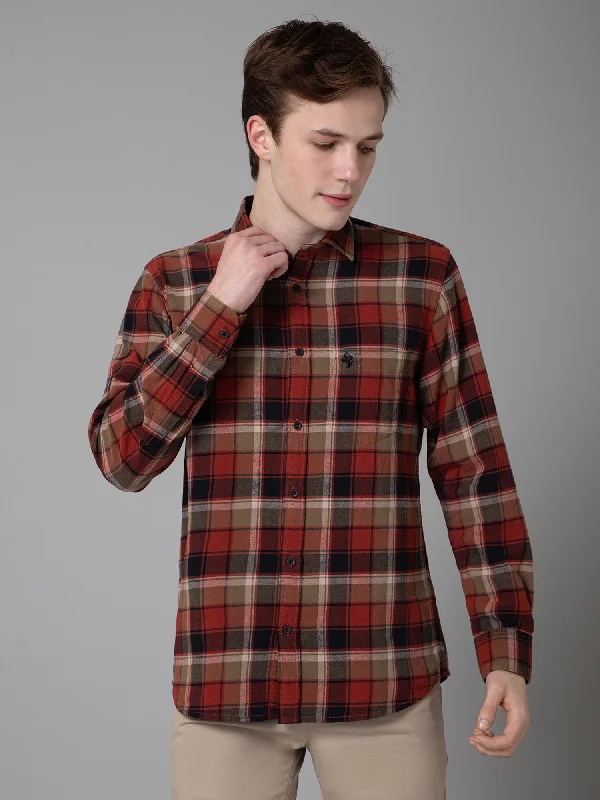 Men's Red Casual Brushed Big Checks Full Sleeve Shirt Bohemian Men's Free