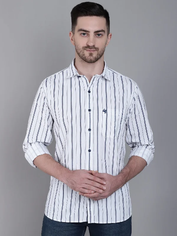 Men's White Casual Narrow Stripe Full Sleeve Shirt Tough Men's Military