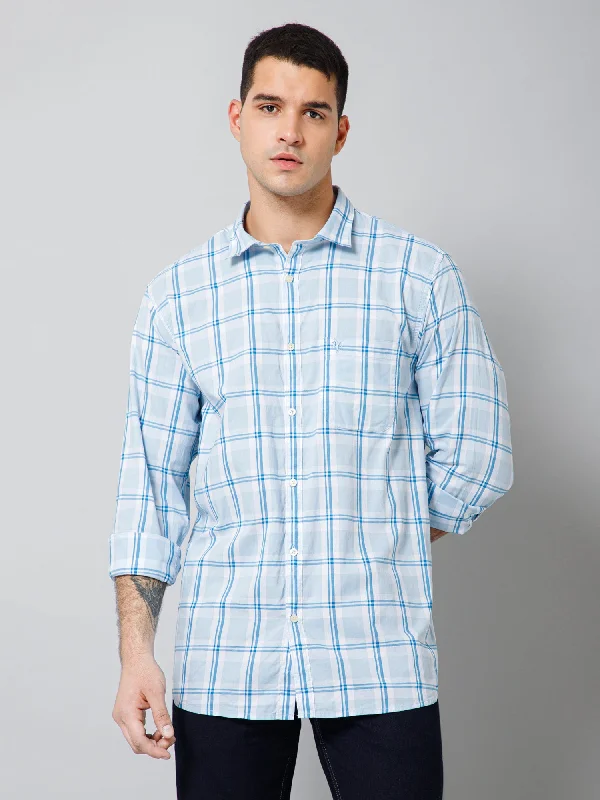 Men's Aqua Blue Casual Big Checks Full Sleeve Shirt Sharp Men's Italian