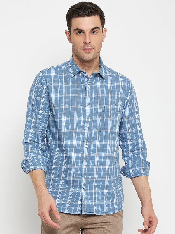 Men's Blue Casual Medium Checks Full Sleeve Shirt Unique Men's Upcycled