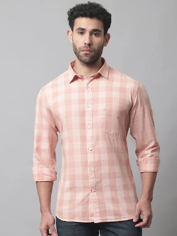 Men's Light Peach Casual Medium Checks Full Sleeve Shirt Cozy Men's Winter