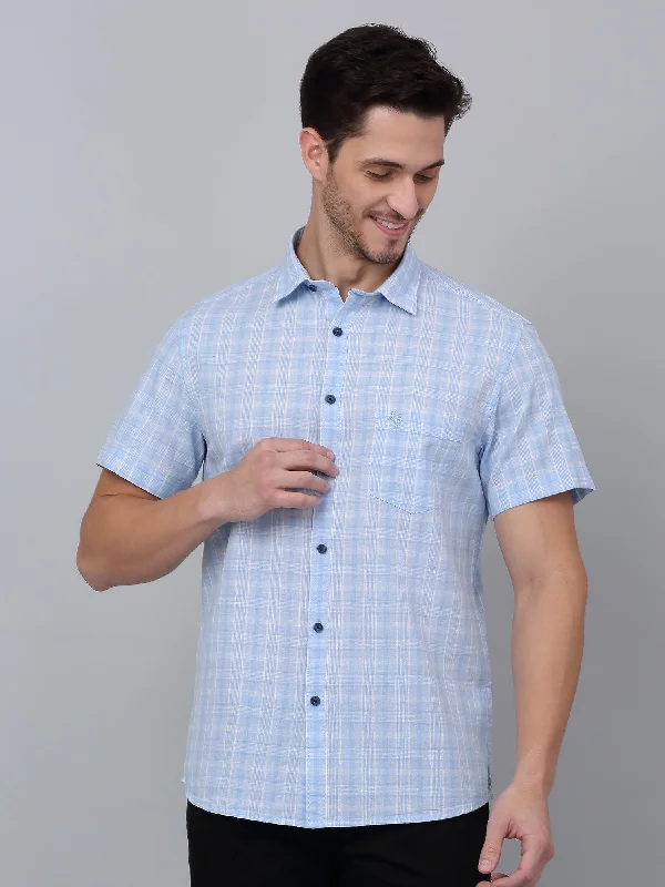 Men's Sky Blue Casual Medium Checks Half sleeve Shirt British Gentleman Style