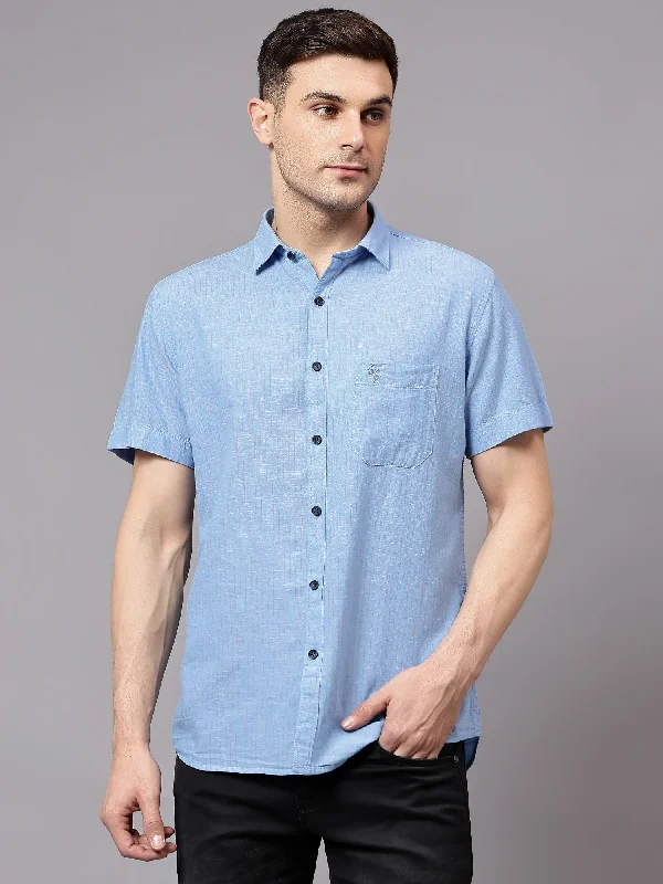 Men's Blue Casual Thin Stripe Half sleeve Shirt Sleek Men's Contemporary 