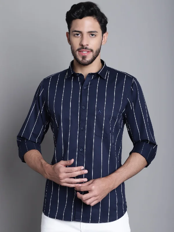 Men's Navy Blue Casual Stripe Print Full Sleeve Shirt Unique Men's Patch