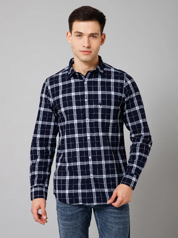 Men's Navy Blue Casual Big Checks Full Sleeve Shirt Athletic Men's Compression
