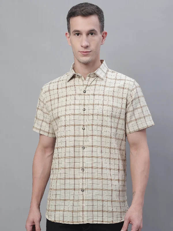 Men's Beige Casual Big Checks Half Sleeve Shirt Classic Men's Pin