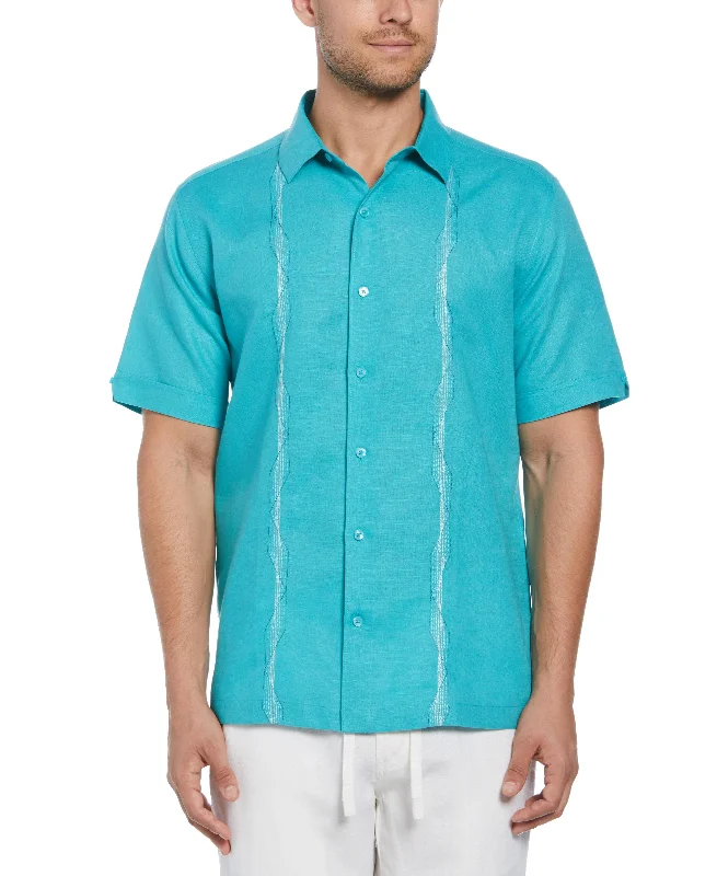 Linen Blend Geo Embroidered Panel Shirt Sporty Men's Athleisure 