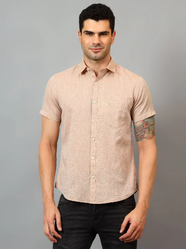 Men's Beige Casual Plain Half sleeve Shirt Sharp Men's Italian