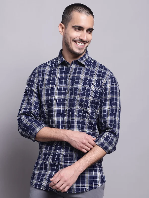 Men's Navy Blue Casual Big Checks Full Sleeve Shirt Refined Men's European