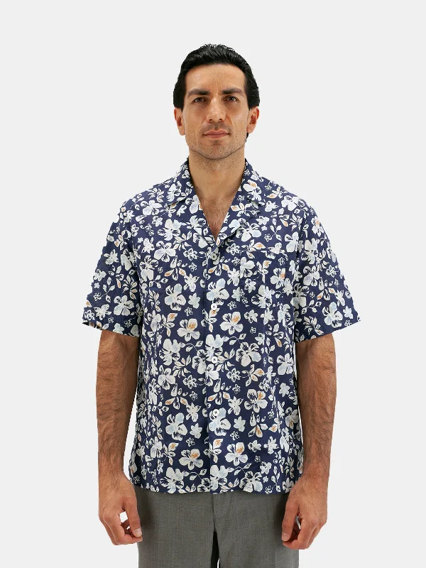 Navy Hibiscus Printed Short Sleeve Shirt Tailored