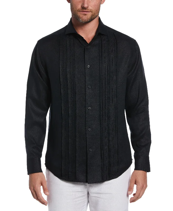 Linen Triple Tuck Embroidered Panel Shirt Laid