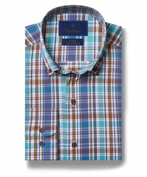 David Donahue Fusion Shirt - Navy and Teal Plaid Athletic Men's Compression
