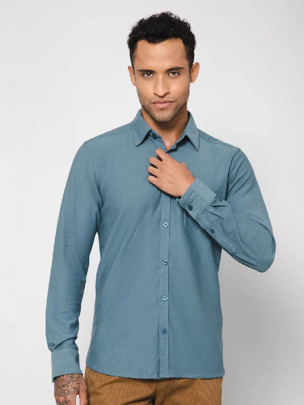 Men's Teal Blue Casual Knit Self Textured Full Sleeve Shirt Vintage Men's 1970S Disco