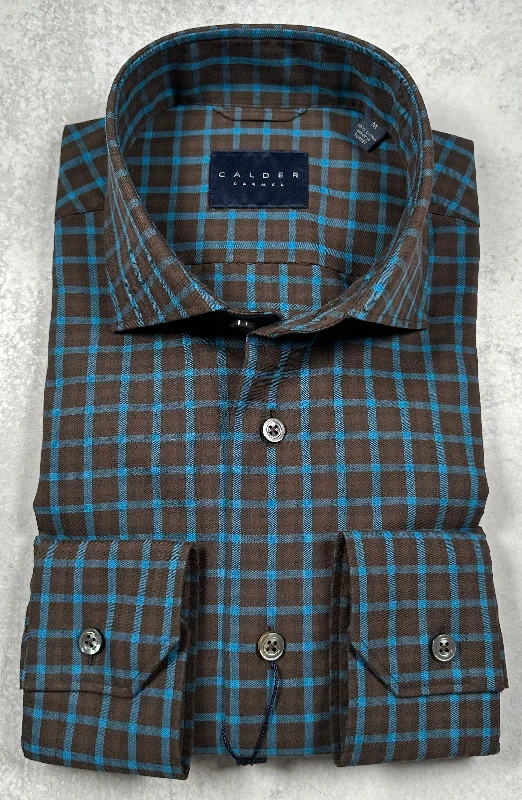 Calder Carmel Luxe Twill Satin Overcheck Sport Shirt in Chocolate Refined Men's Classic 