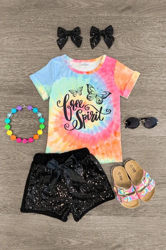 "Free Spirit" Butterfly Tie Dye Sequin Short Set Laid