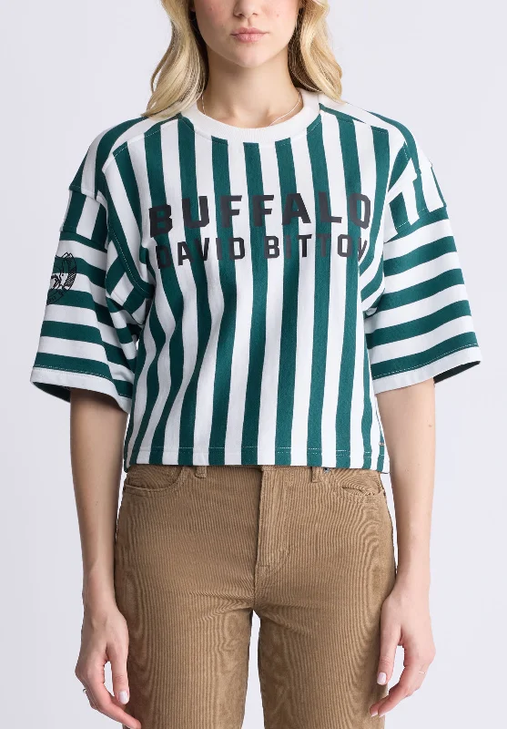 Kenza Women's Cropped Stripped T-Shirt, White & Green - KT0146F Sleek Men's Metallic